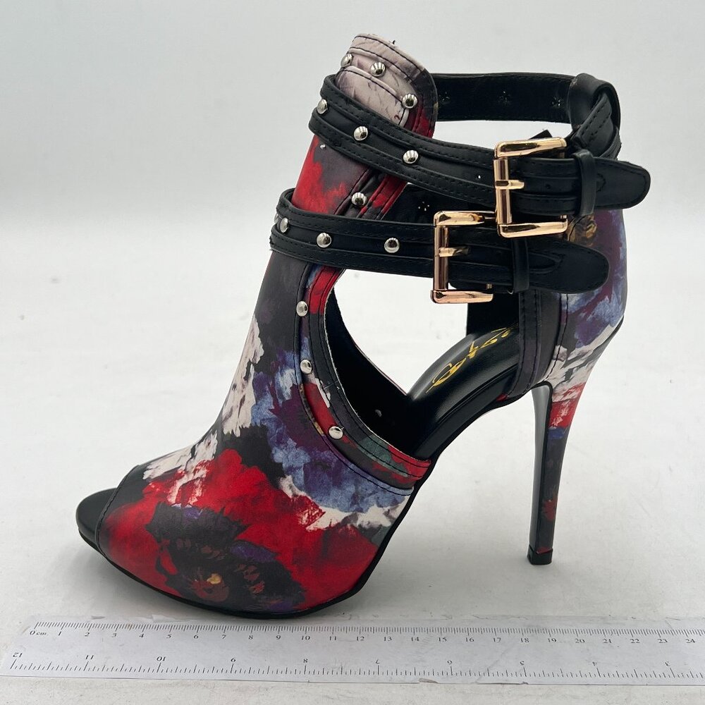 XYD Floral Red Purple Open-Toe Stiletto Heels with Black Straps